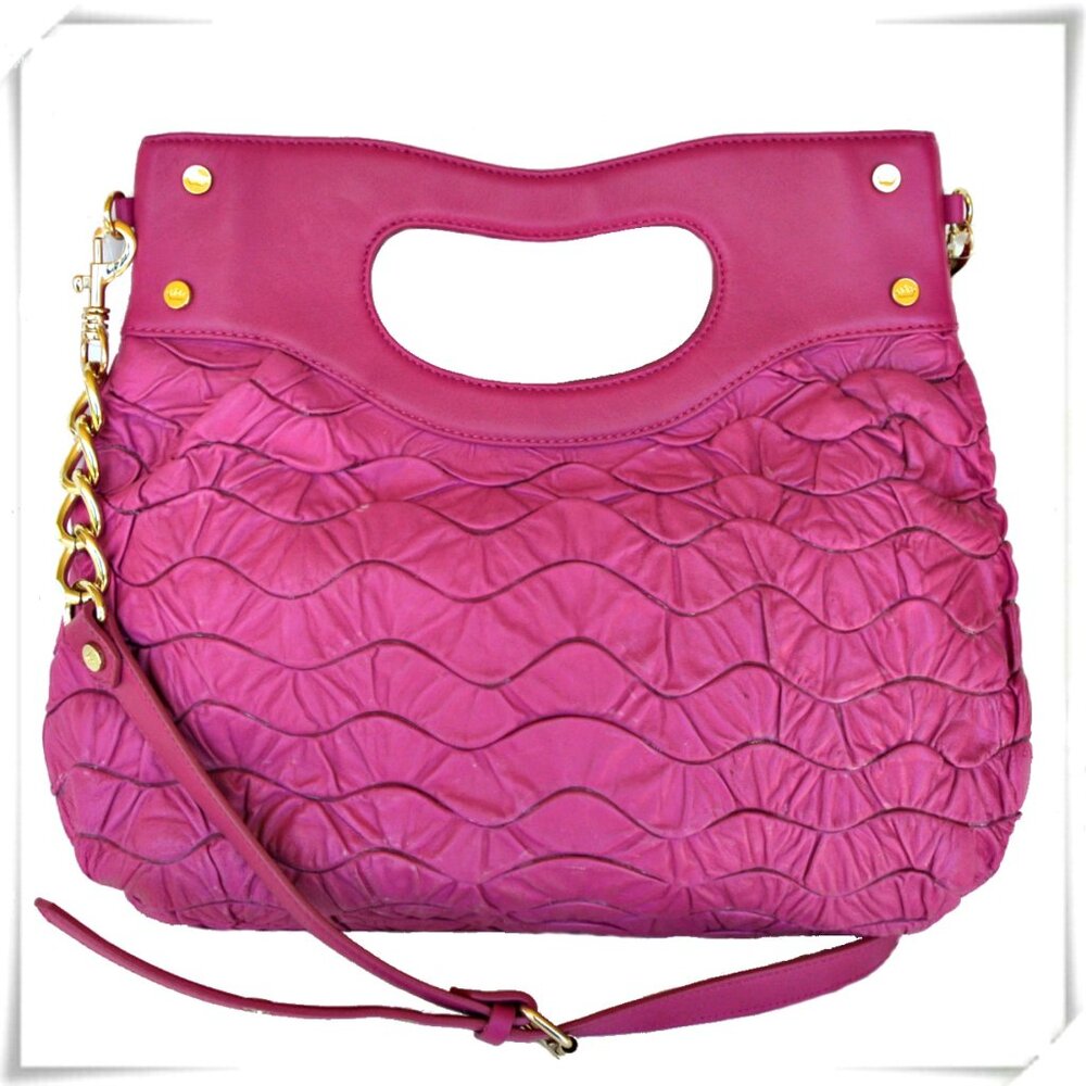 Rare Elaine Turner Brigh Hot Pink Ruched Leather Evening Bag Clutch Cross-body